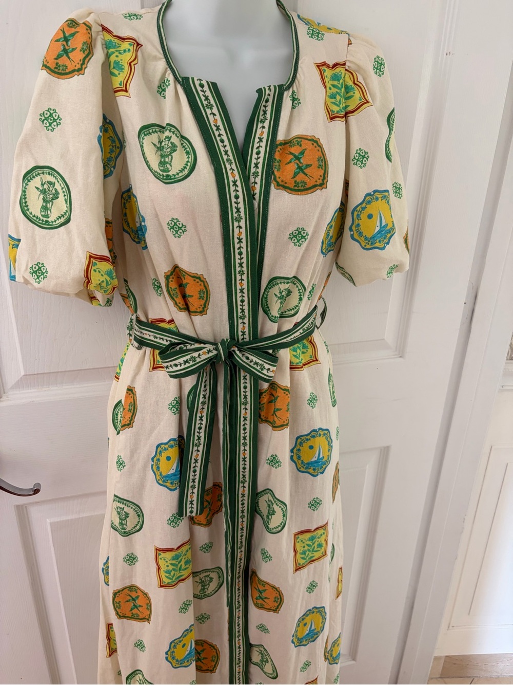 Rachel Zoe casual luxury printed travel dress passport stamp belted maxi dress